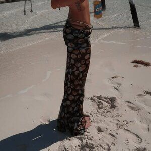 Black Casual Women's Mesh Sheer Flare Fold-Waist See-Through Festival Pants